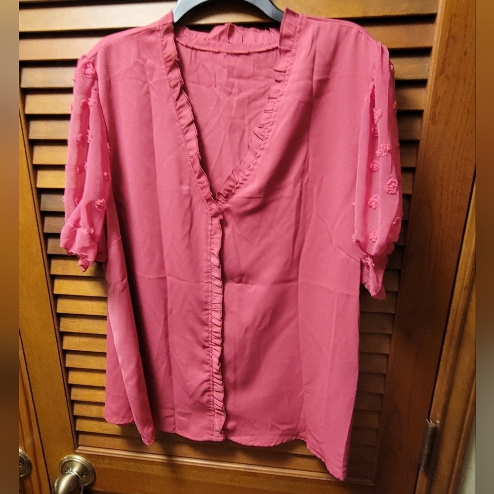 Ruffled Accented Pink Short Sleeve Top 3xl